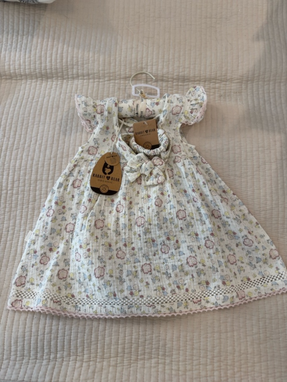 Rabbit & Bear Girls' White Floral Dress with matching headband 12 mos NWT